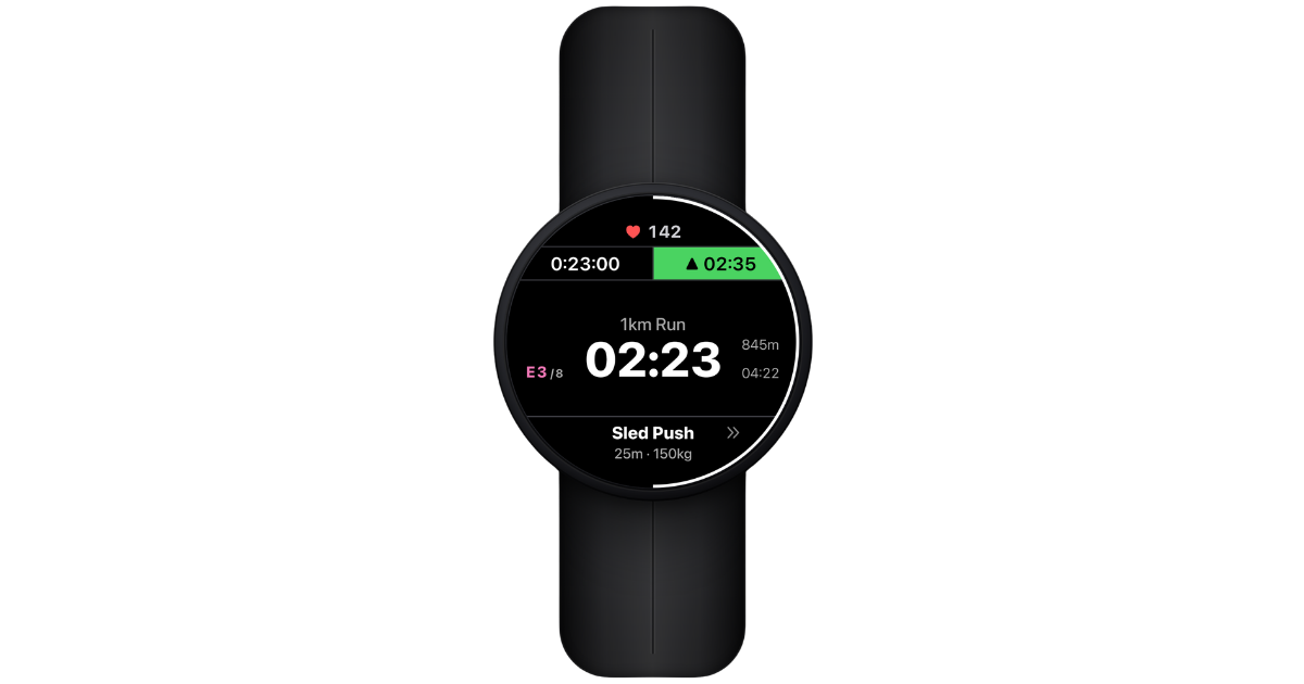 Garmin watch face showing a live race delta, heart rate and the next station