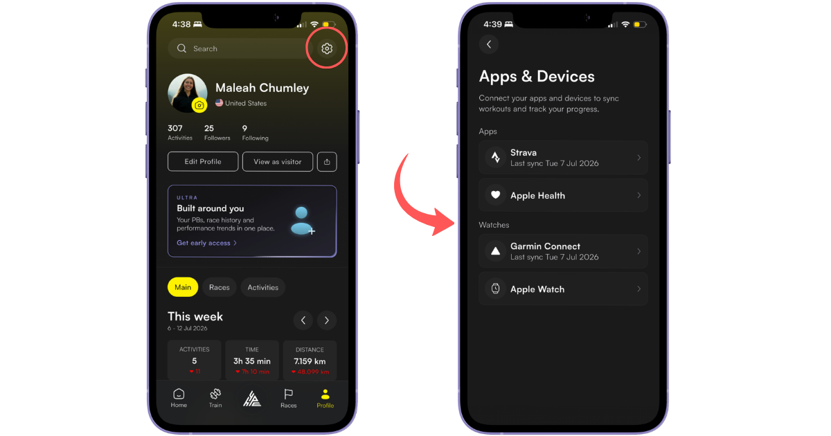 Profile > Apps & Devices with Garmin option